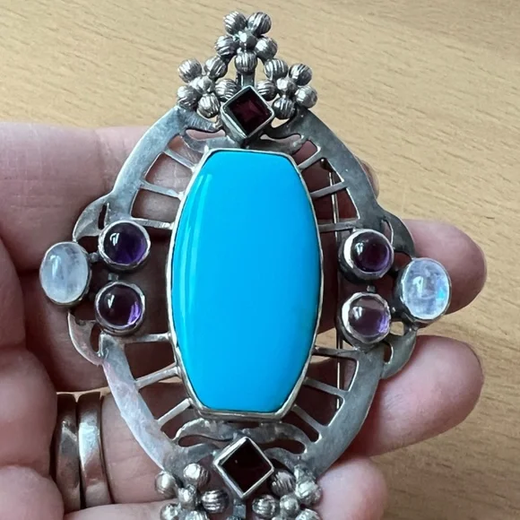 HUGE VINTAGE TURQUOISE AMETHYST GARNET MOONSTONE PENDANT PIN BROOCH 925STERLING